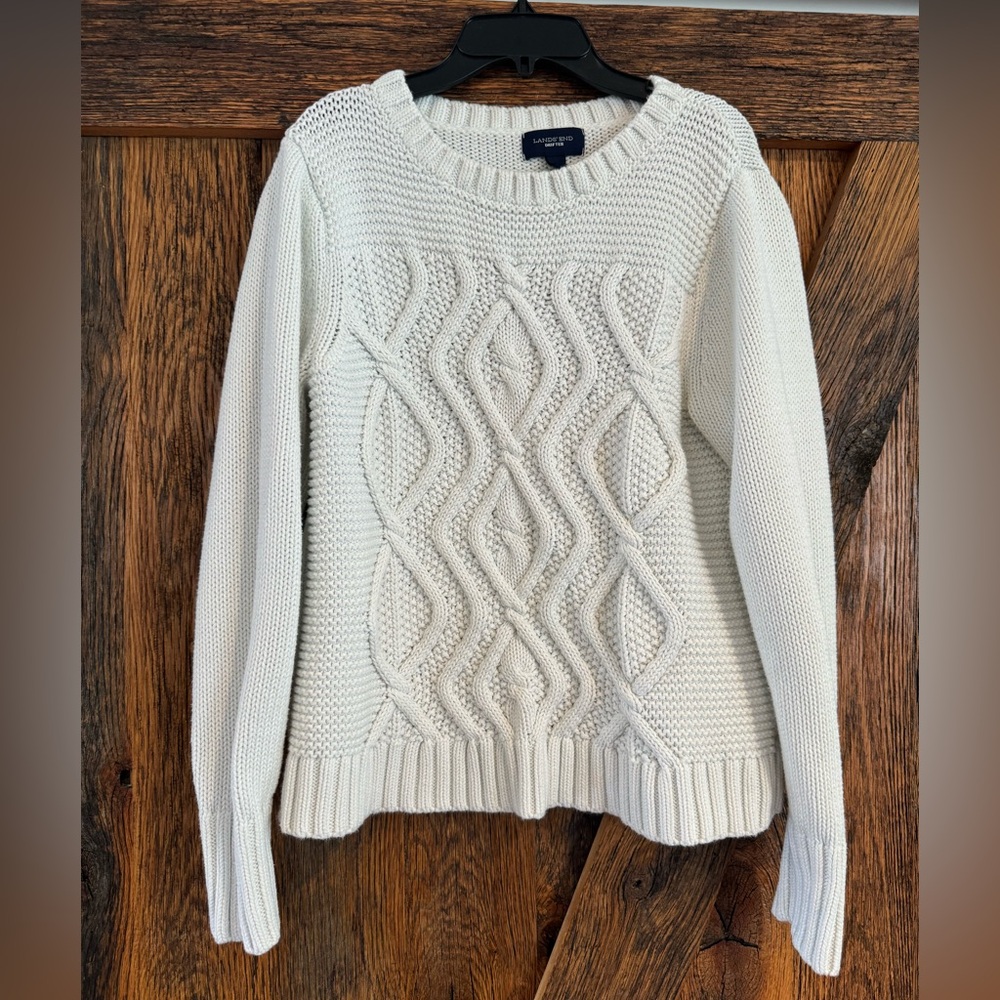 Lands End Drifter Cable Knit Sweater Women’s Large 14/16 White 100% Cotton